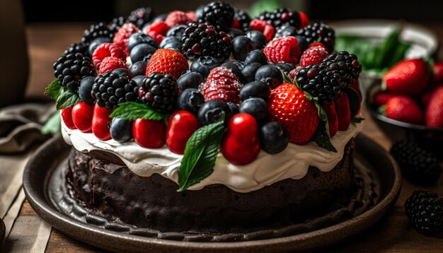 Una torta con frutti di bosco sopra