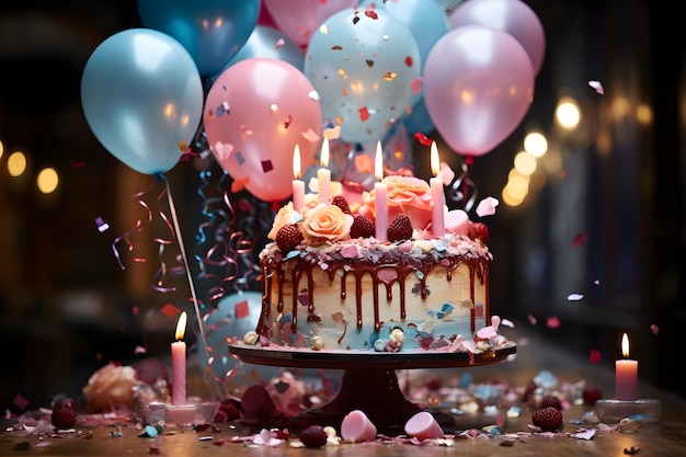 una torta di compleanno con candele e coriandoli seduti sopra un tavolo