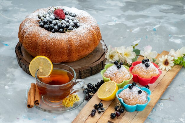 Una torta di frutta vista frontale deliziosa e rotonda formata con blu fresco, frutti di bosco su brillante, zucchero dolce torta biscotto