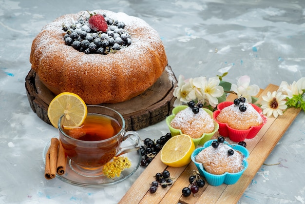 Una torta di frutta vista frontale deliziosa e rotonda formata con blu fresco, frutti di bosco su brillante, zucchero dolce torta biscotto