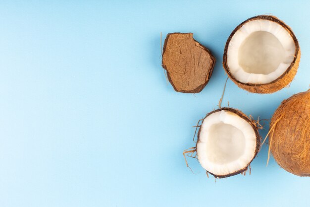 Una vista dall'alto noci coco affettato e intero latteo fresco dolce isolato sul blu ghiaccio