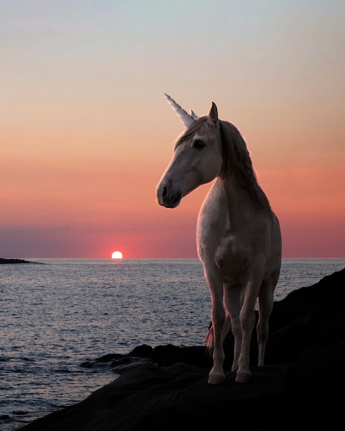 Unicorno all'aperto sulla spiaggia al tramonto