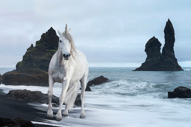 Unicorno bianco all'aperto sulla spiaggia