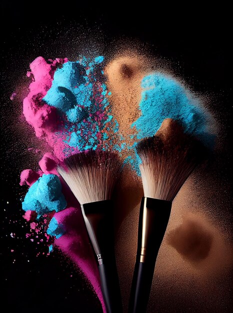 Uno sfondo nero con una polvere rosa e blu e un pennello con sopra la scritta makeup.