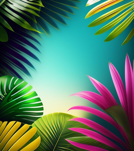Uno sfondo tropicale colorato con uno sfondo blu e verde e un bordo bianco.