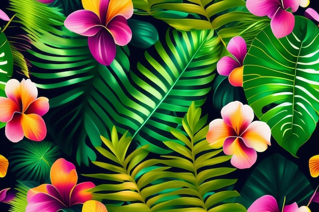 Uno sfondo tropicale con foglie e fiori tropicali.