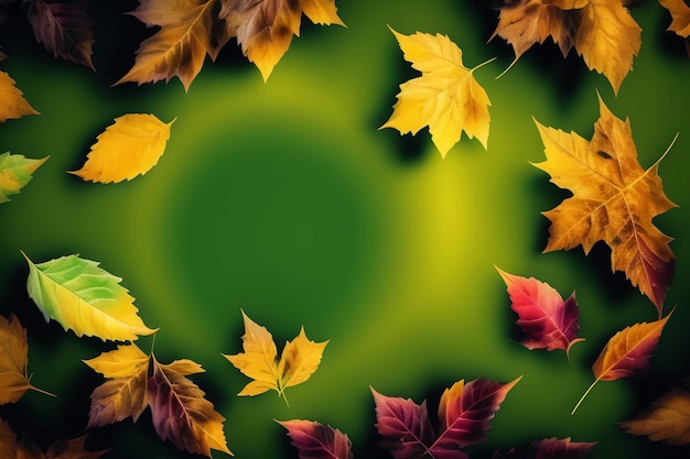 Uno sfondo verde con foglie autunnali e le parole autunno su di esso