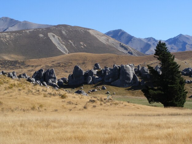 Uno splendido scenario di alte montagne rocciose sull'Isola del Sud, Nuova Zelanda