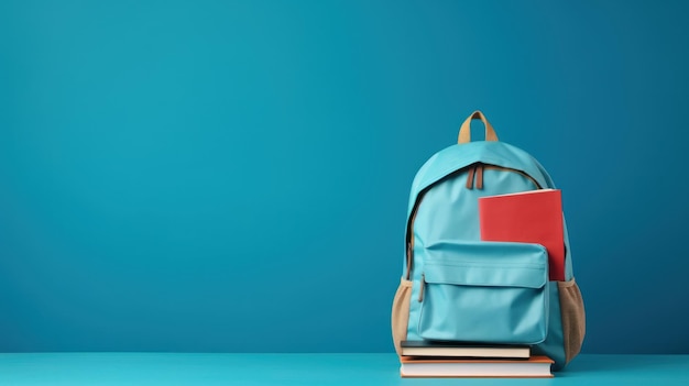 Uno zaino scolastico completo con libri isolati su uno sfondo blu che fornisce spazio per testo o disegno aggiuntivo
