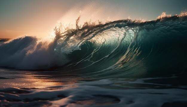 Uomini che fanno surf nella tropicale Bali al tramonto generato dall'intelligenza artificiale