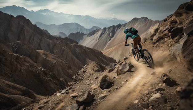 Uomini che pedalano in montagna esplorando la bellezza della natura generata dall'intelligenza artificiale