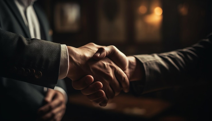 Foto gratuito uomini d'affari in giacca e cravatta suggellano un accordo con una stretta di mano generata dall'intelligenza artificiale
