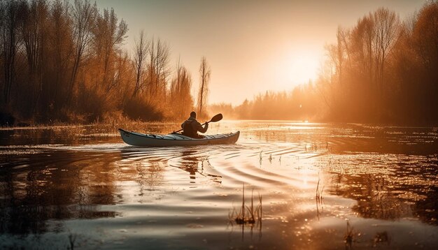 Uomini e donne che fanno kayak al tramonto sorridenti generati dall'intelligenza artificiale