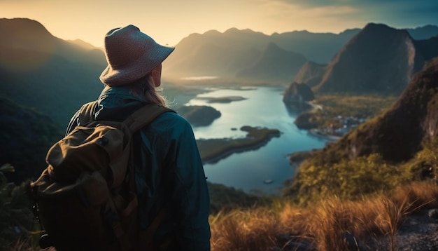 Uomini e donne che fanno un'escursione in cima alla montagna al tramonto generato dall'intelligenza artificiale