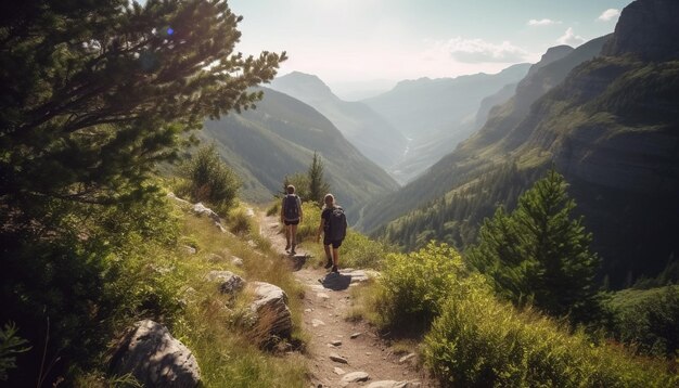 Uomini e donne che fanno un'escursione insieme sulla vetta della montagna generati dall'intelligenza artificiale