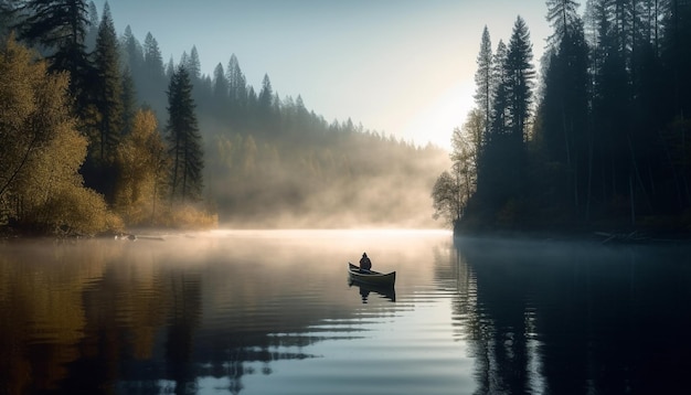 Uomini in canoa nella tranquilla foresta retroilluminata dal tramonto generato dall'intelligenza artificiale