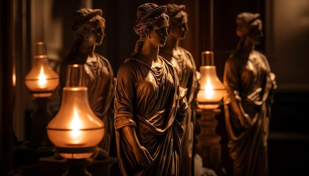 Uomini in piedi davanti alla statua illuminata che pregano per la pace generata dall'IA