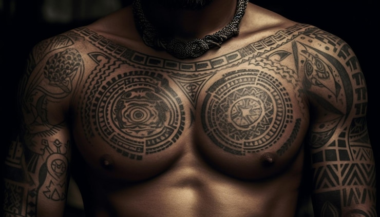 Foto gratuito uomini muscolosi mostrano l'ornamento del corpo in una ripresa in studio generata dall'intelligenza artificiale