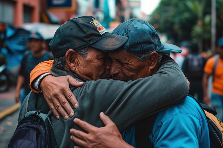 Foto gratuito uomini senior di tiro medio che si abbracciano