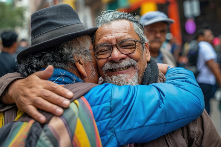 Foto gratuito uomini senior di tiro medio che si abbracciano