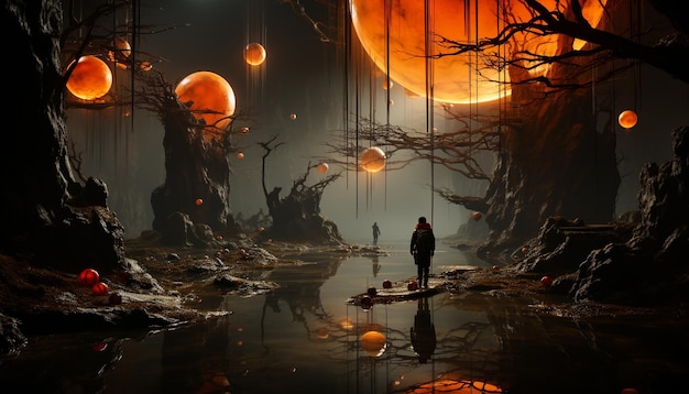 Uomini spettrali della notte di Halloween che camminano nella silhouette della foresta oscura generata dall'intelligenza artificiale