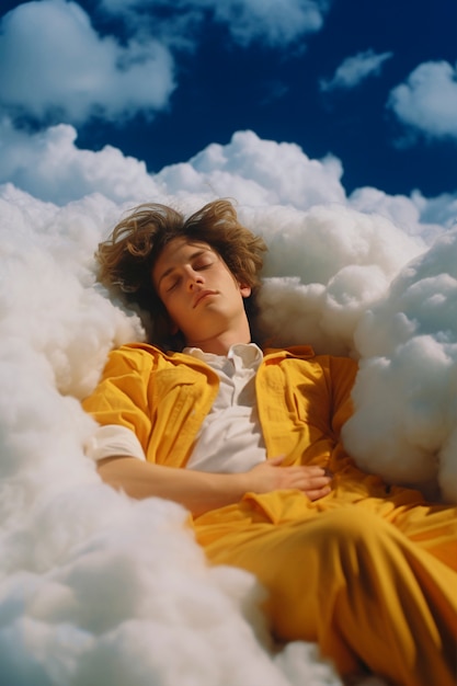 Uomo a colpo medio che dorme sulle nuvole