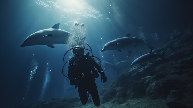 Uomo a figura intera che nuota con i delfini