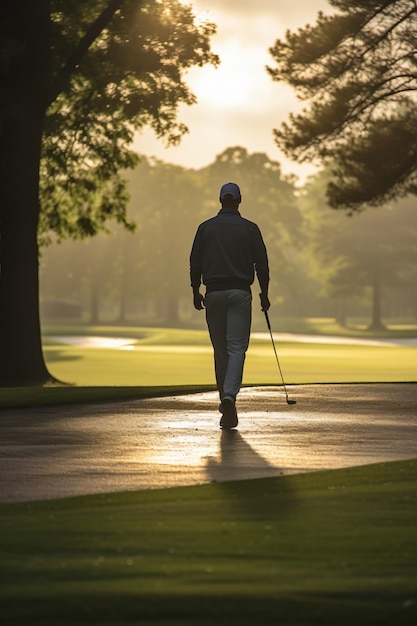 Uomo a tutto campo che gioca a golf nella natura