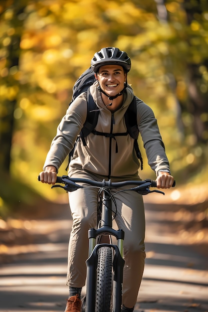 Uomo a tutto campo in bicicletta all'aperto