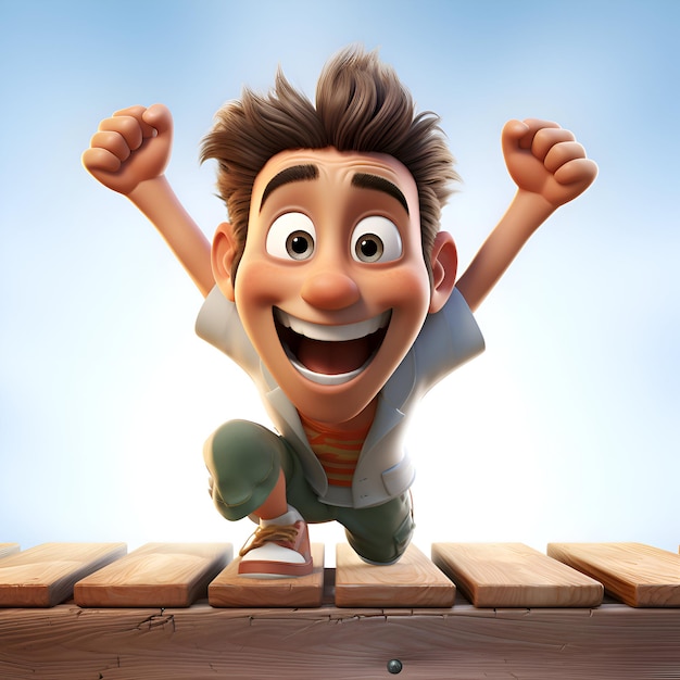 Uomo allegro che salta su un ponte di legno illustrazione 3D