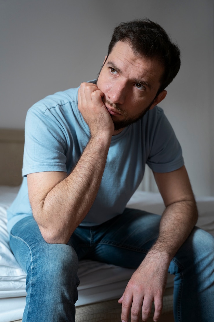 Foto gratuito uomo ansioso di tiro medio a casa