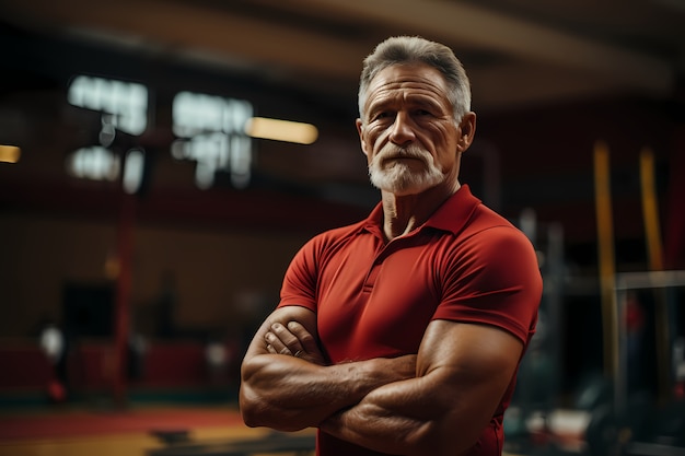 Uomo anziano atletico che si mantiene in forma praticando ginnastica