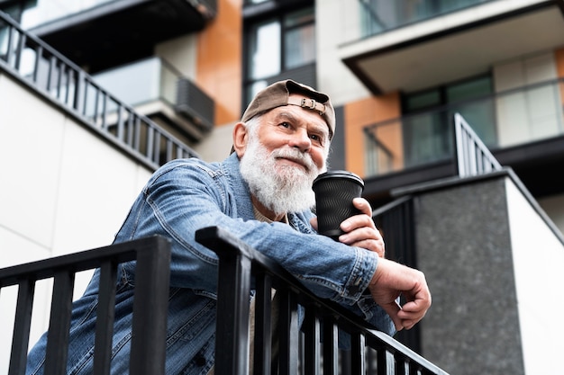 Uomo anziano che beve una tazza di caffè all'aperto in città