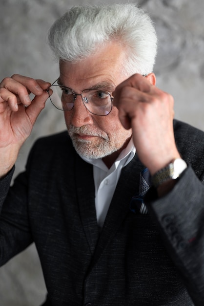 Uomo anziano che sembra elegante e che posa in vestito