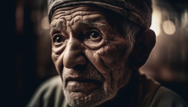 Uomo anziano con i capelli grigi che sembra triste generato dall'intelligenza artificiale