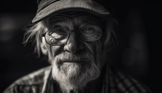Uomo anziano dai capelli grigi con gli occhiali sorridente generato dall'intelligenza artificiale
