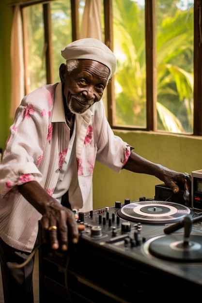 Uomo anziano di tiro medio che è dj