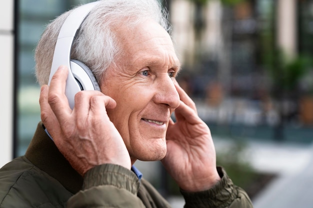 Uomo anziano sorridente in città che ascolta musica con le cuffie