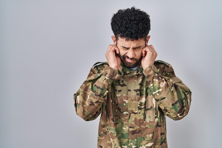 Foto gratuito uomo arabo che indossa l'uniforme dell'esercito mimetico che copre le orecchie con le dita con espressione infastidita per il rumore della musica ad alto volume. concetto sordo.