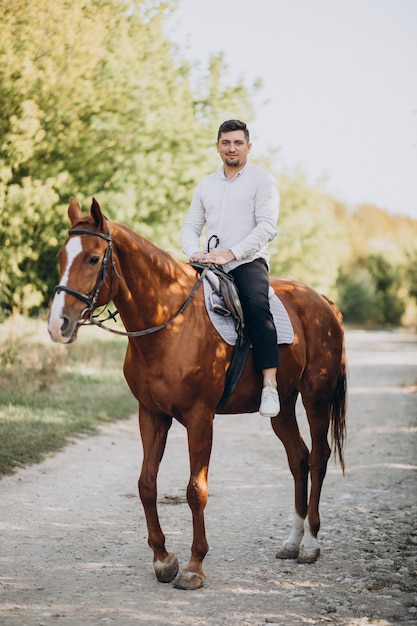 Uomo bello che monta un cavallo nella foresta