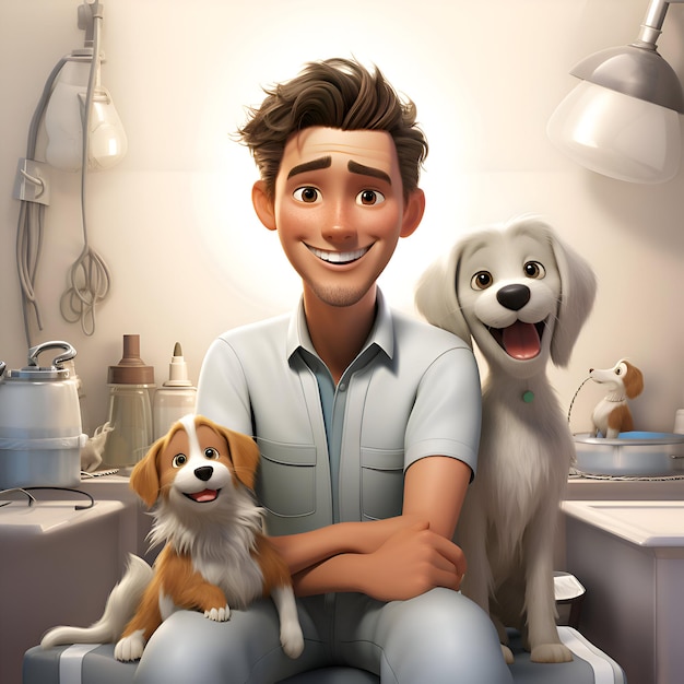 Uomo bello con il suo cane nel bagno rendering 3D