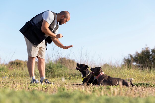 Uomo che addestra i suoi due cani all'aperto