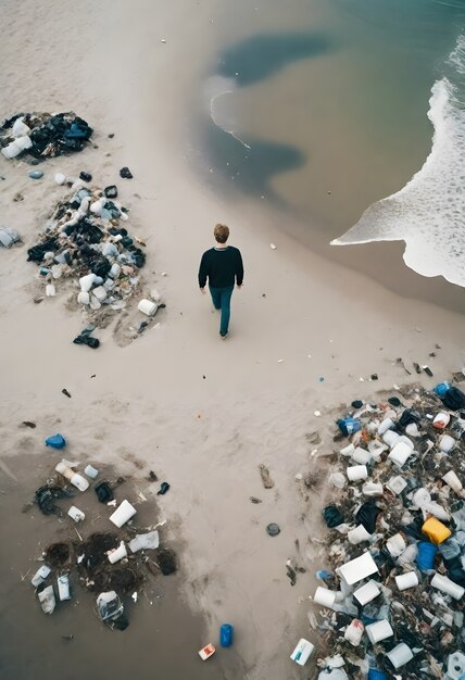 Uomo che cammina tra la spazzatura su una spiaggia