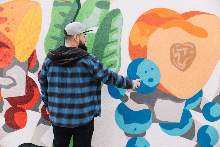 Foto gratuito uomo che dipinge graffiti sul muro