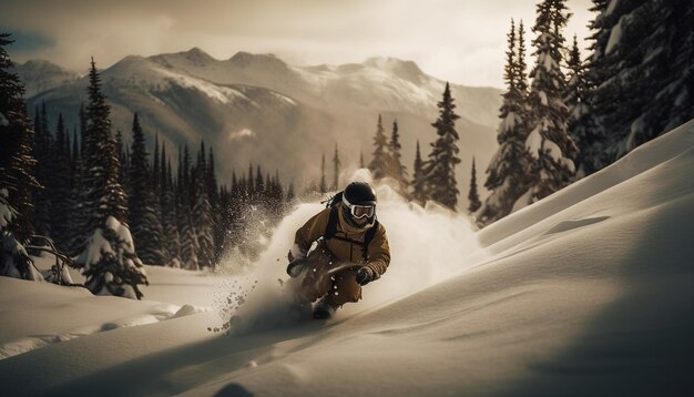 Uomo che fa snowboard giù per la montagna nel paesaggio invernale generato dall'intelligenza artificiale