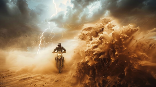 Uomo che gareggia su una moto di terra in un ambiente immaginario