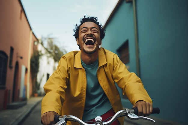 Uomo che guida la sua bicicletta all'aperto in città