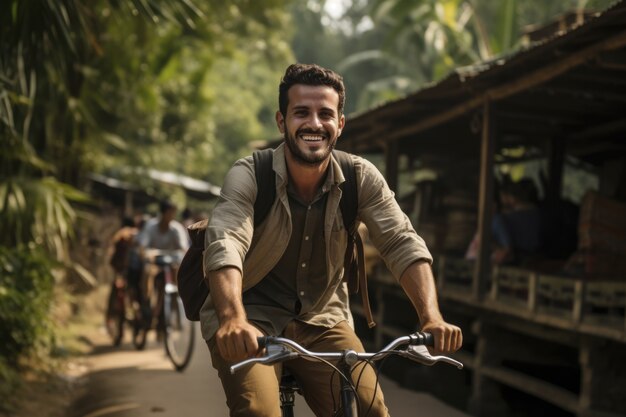 Uomo che guida la sua bicicletta all'aperto in città