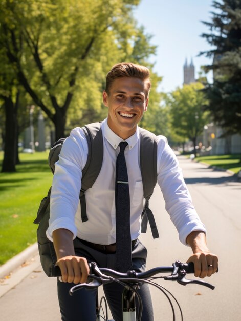 Uomo che guida la sua bicicletta all'aperto in città