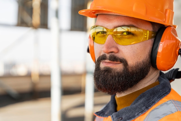 Uomo che indossa dispositivi di protezione al lavoro